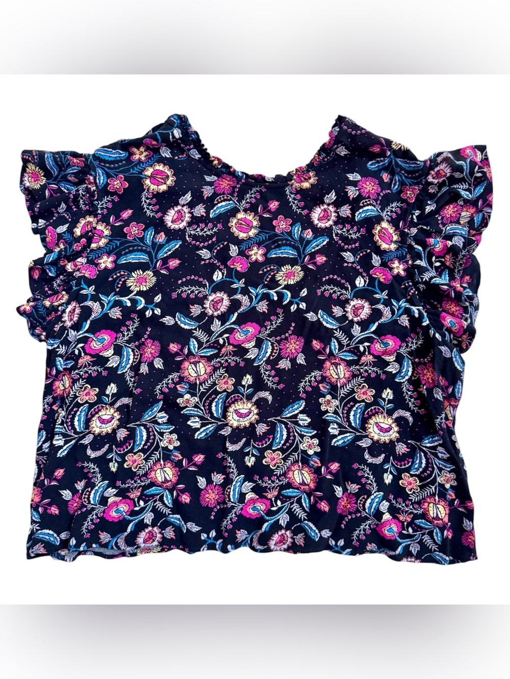 Xhilaration Black Floral Ruffle Sleeve Top with Pink & Blue Accents